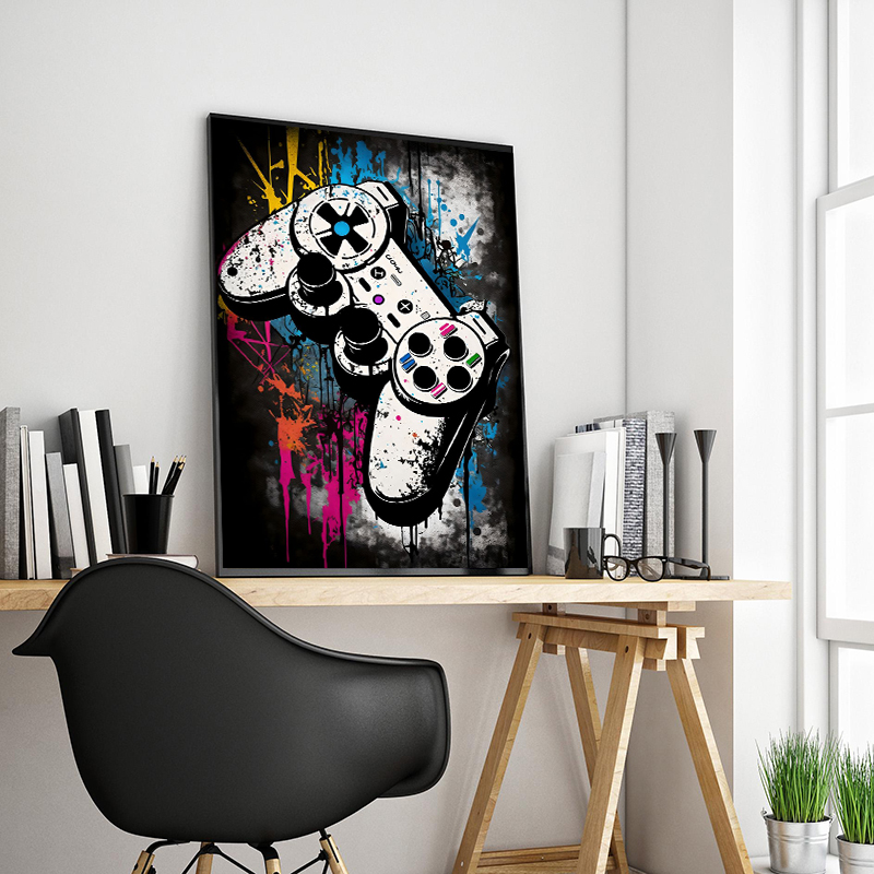 그래피티 다채로운 게임 컨트롤러와 헤드폰 캔버스 그림  - Smart Home Poster 리뷰 및 가격
